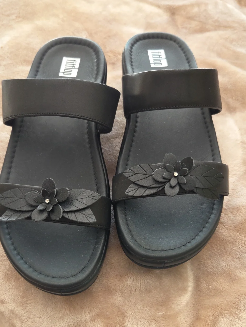 Fitflop Black Slide Sandals with Floral Accent